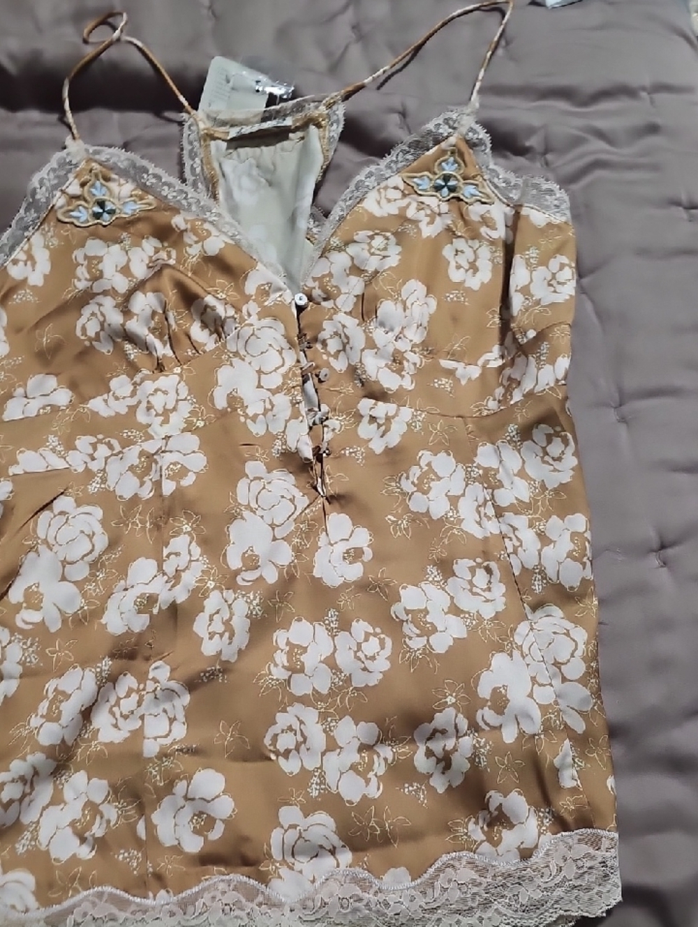 Free People Tan‎ Floral Lace Cami Top